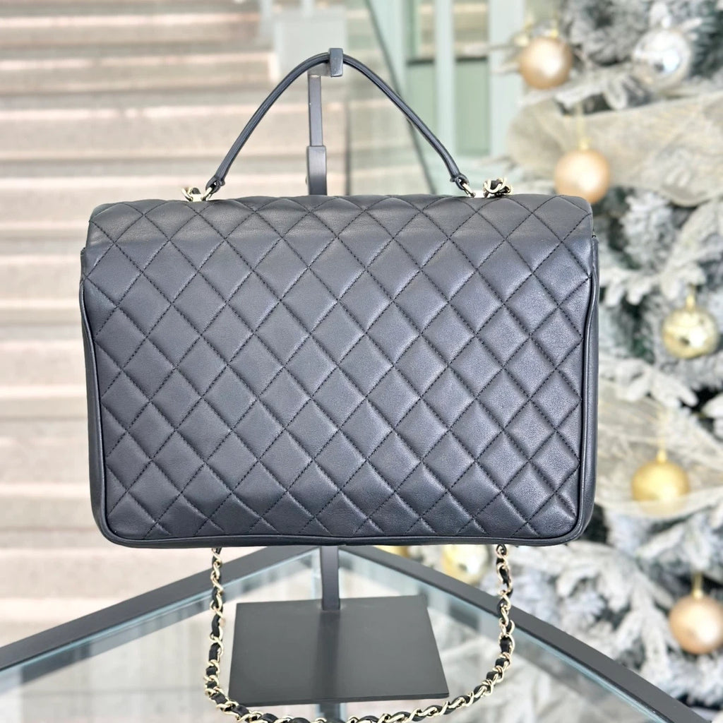 Chanel Lambskin GM Chain Shoulder Bag Top Handle Bag Black Gold Women Diamond S