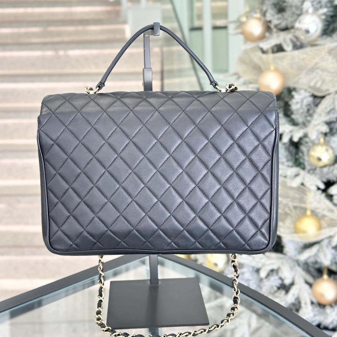Chanel Lambskin GM Chain Shoulder Bag Top Handle Bag Black Gold Women Diamond S