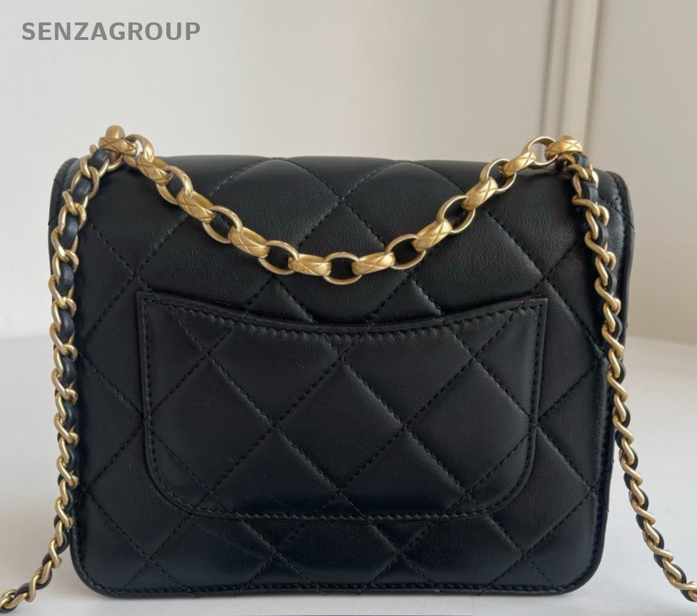 Chanel Diamond Pearl Chain Shoulder Bag Crossbody Black Gold Women Designer