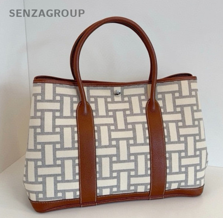 Hermes Garden Party36 Canvas Top Handle Bag White Brown Silver Women Classic
