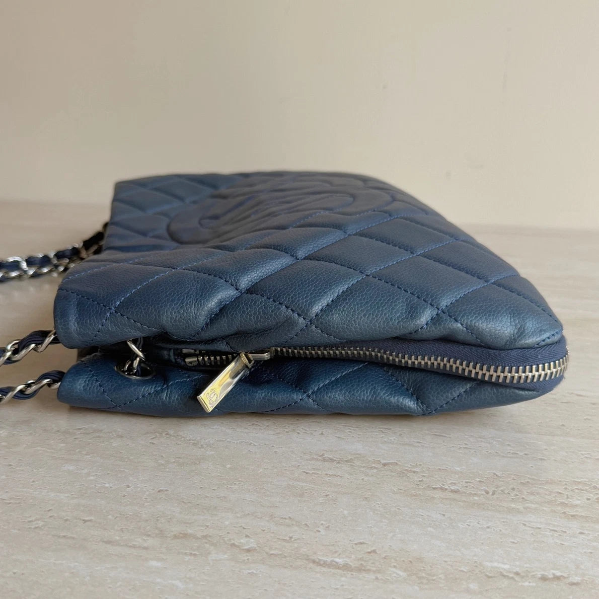 Chanel CC Logo Diamond Calfskin Leather Tote Navy Silver Chain Shoulder Bag