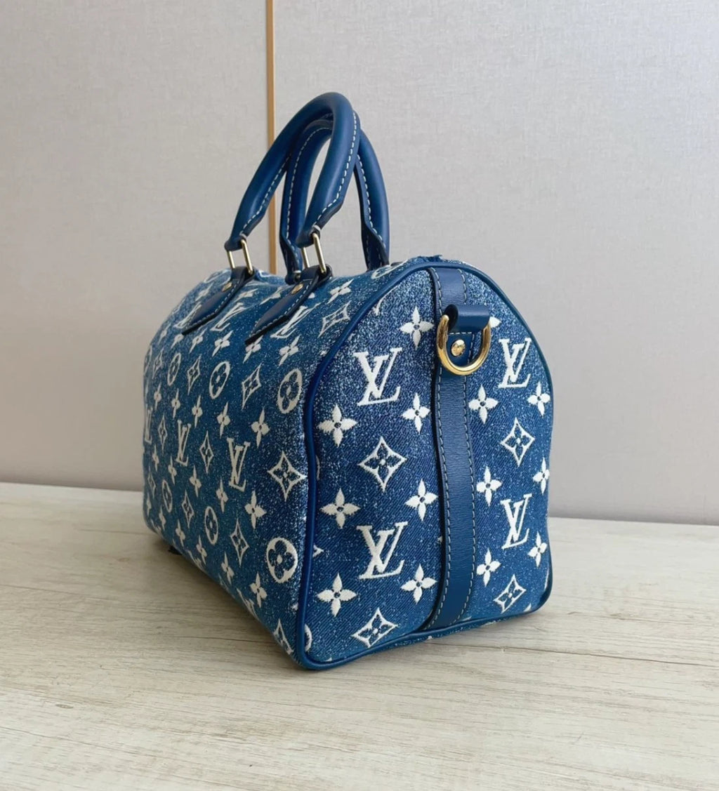 Louis Vuitton Speedy25 Denim Monogram Tote Top Handle Bag Shoulder Women