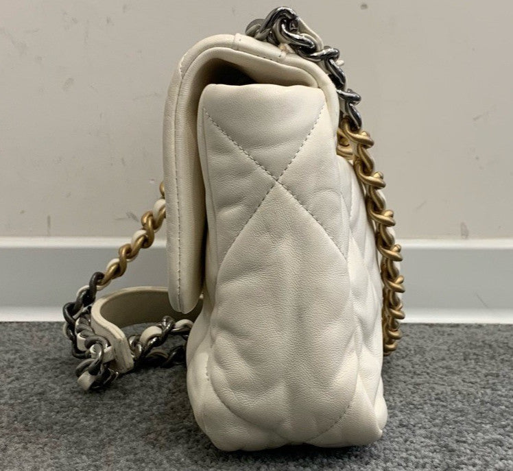 Chanel 19Bag PM Chain Top Handle Shoulder Crossbody White Gold Women Classic