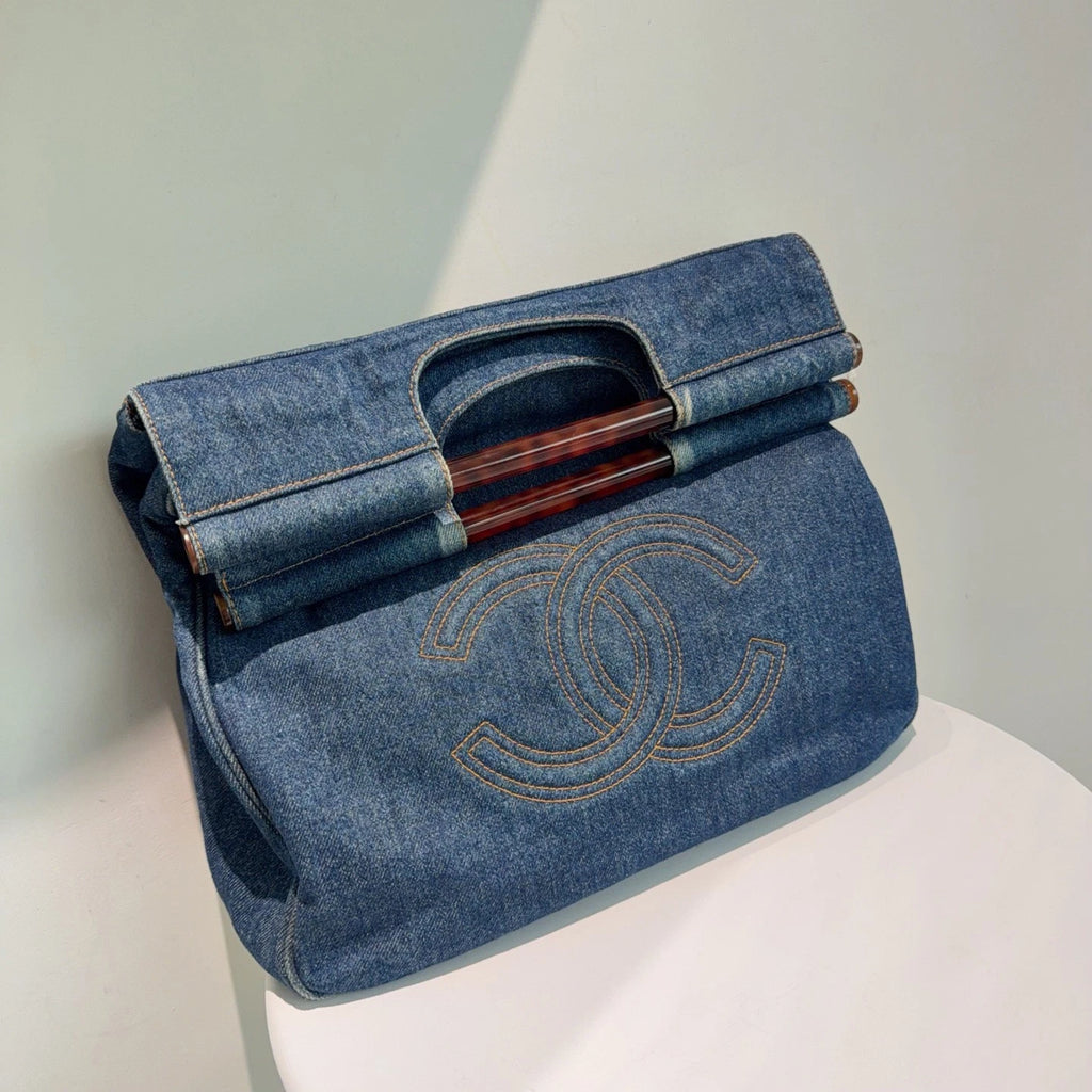 Chanel Denim Tortoise Shell Handle Tote Bag Handbag Blue Classic