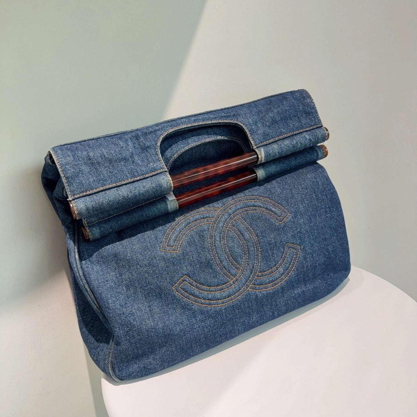Chanel Denim Tortoise Shell Handle Tote Bag Handbag Blue Classic