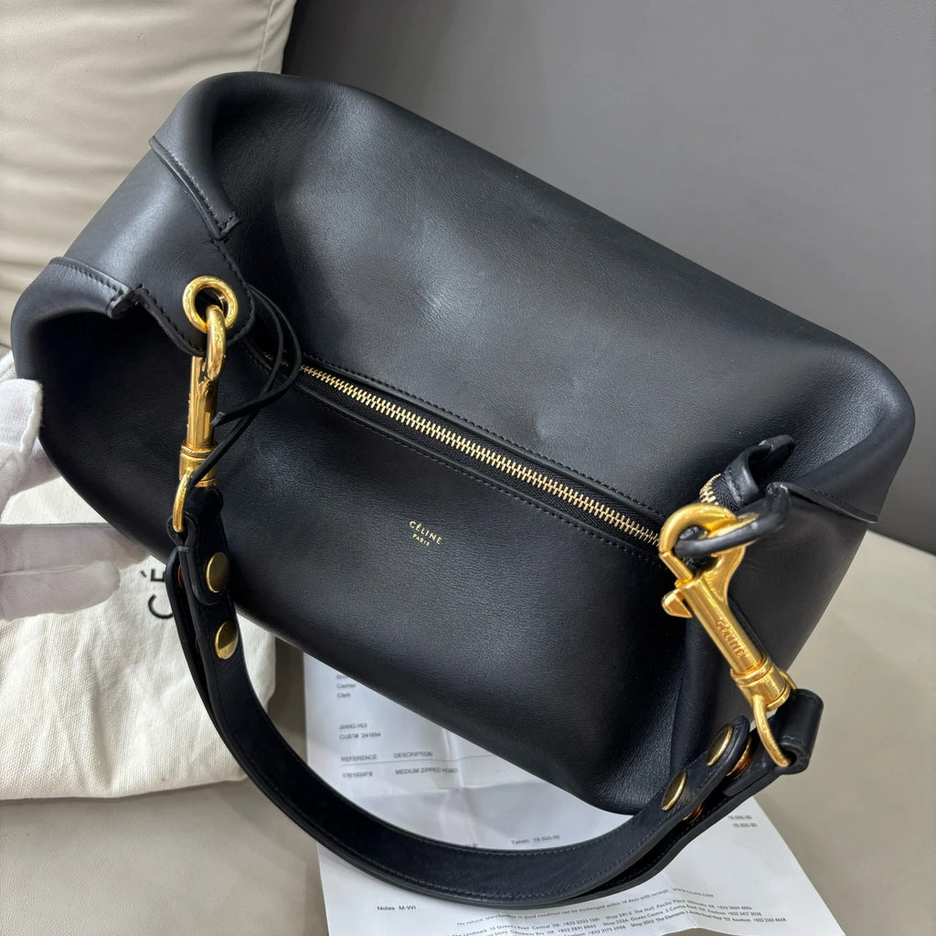 Authentic Celine Zipped Hobo Black Calfskin Shoulder Bag with Gold Hardware
