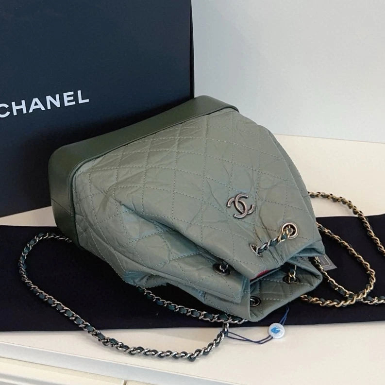 Chanel Gabrielle PM Calfskin Backpack Green Silver Diamond Women Classic