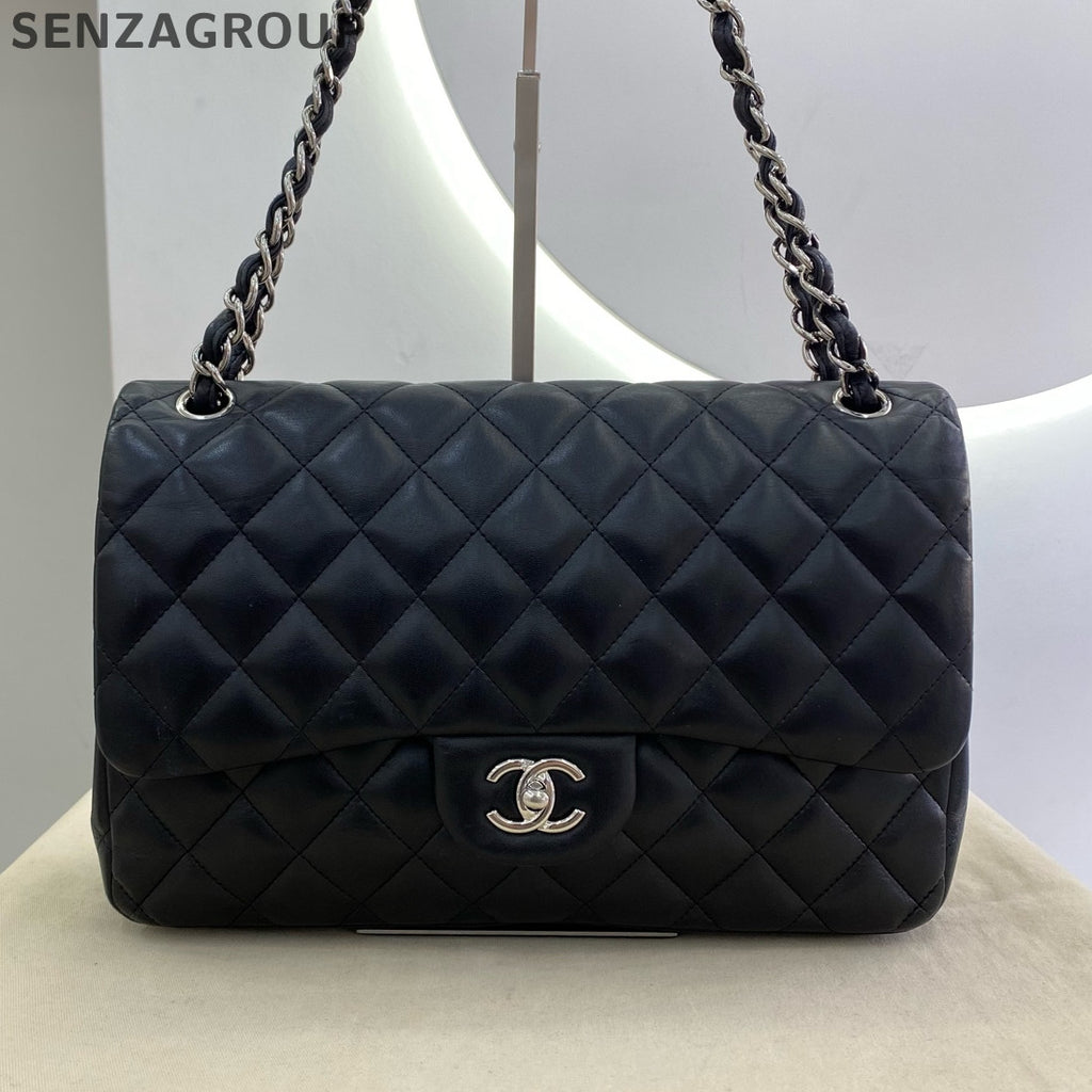 Chanel Classic Flap Jumbo Black Silver Lambskin Chain Shoulder Crossbody Bag