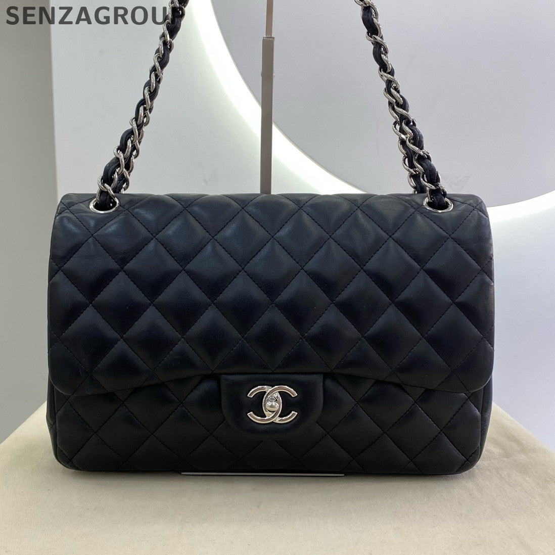 Chanel Classic Flap Jumbo Black Silver Lambskin Chain Shoulder Crossbody Bag
