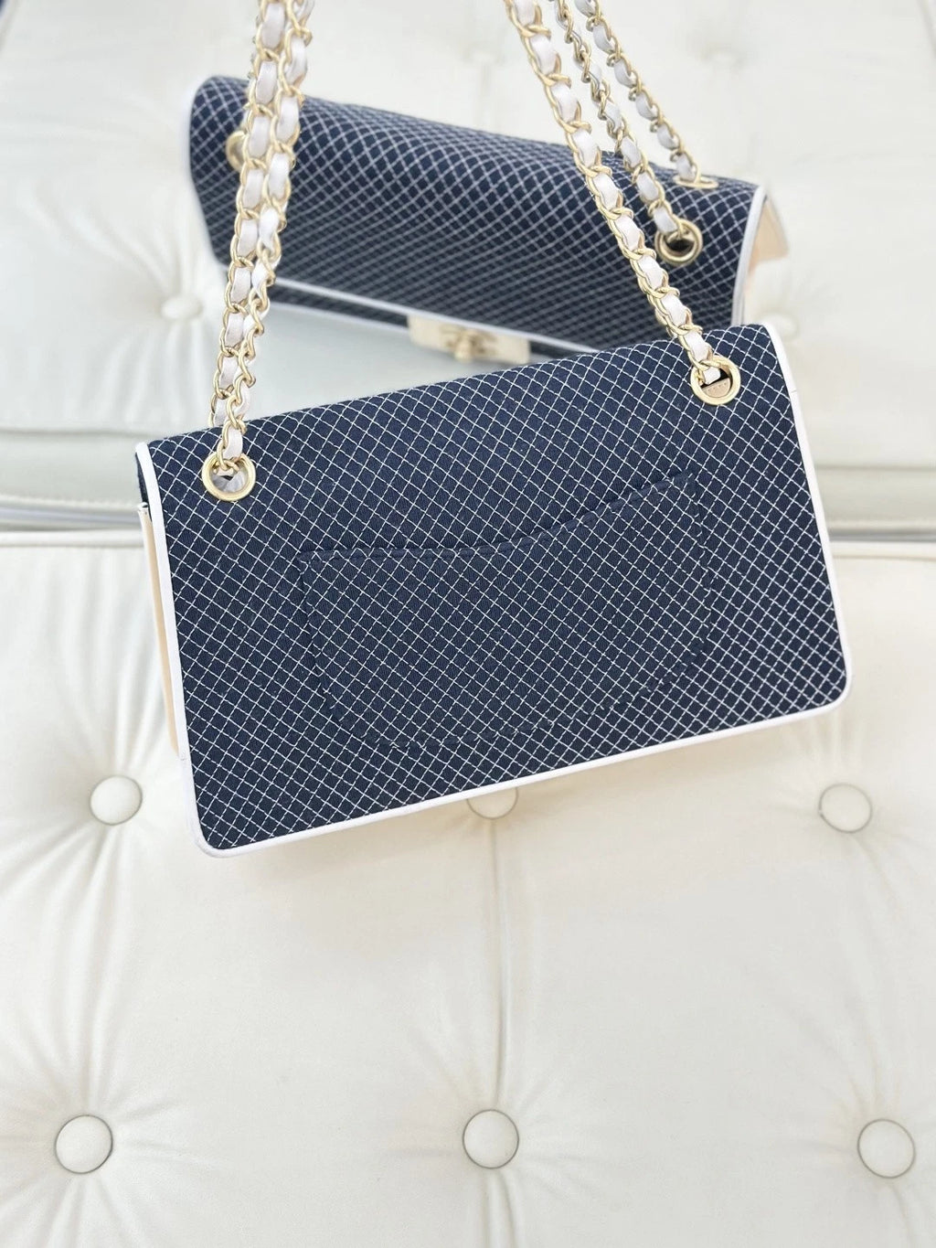 Chanel Classic Flap Grid Canvas Chain Shoulder Crossbody Blue White Gold Women