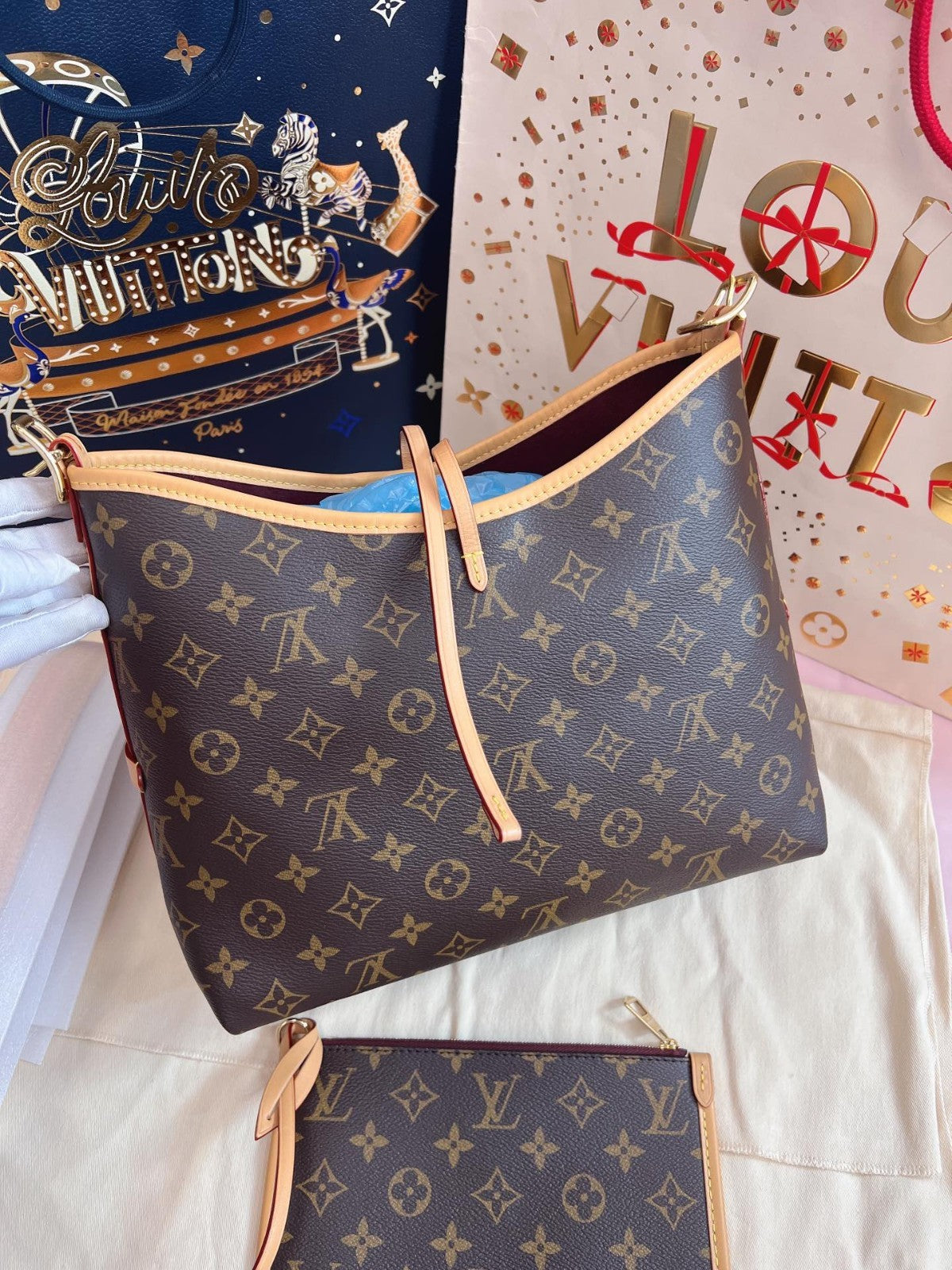 Louis Vuitton Carryall PM Monogram Shoulder Bag Brown Gold Women Classic