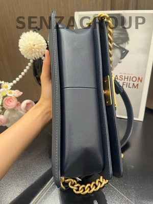 Chanel Le Boy Navy Blue Medium Quilted Chain Shoulder Bag Gold Hardware