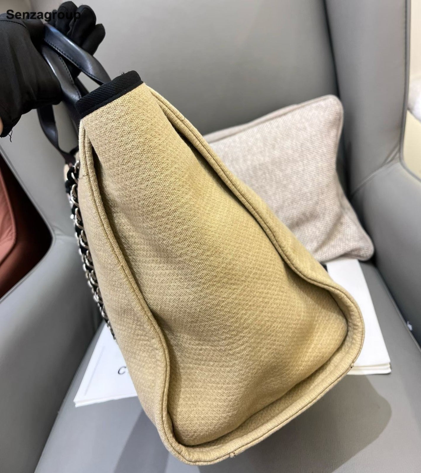 Chanel Tote Chain Beach Bag Top Handle Shoulder Bag Beige Silver Women Classic