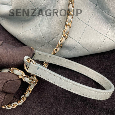 Chanel Blue Quilted Bucket Bag Gold Chain Strap Classic Women's Shoulder Bag