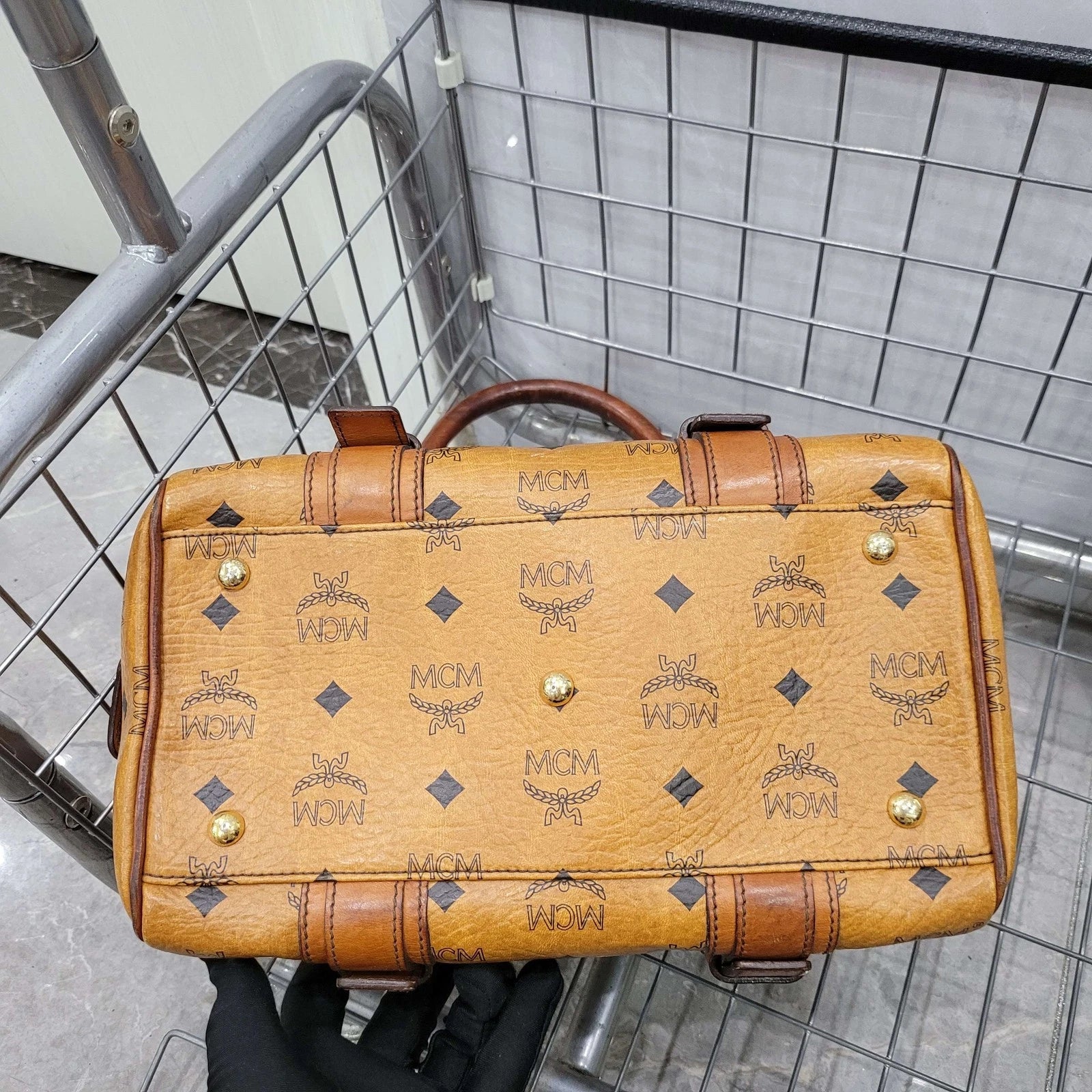 MCM Cognac Monogram PVC Boston Pillow Shoulder Handbag Women