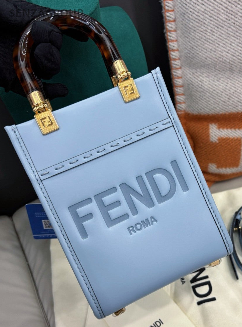 Fendi Sunshine Mini Tote Calfskin Crossbody Blue Gold Women Classic