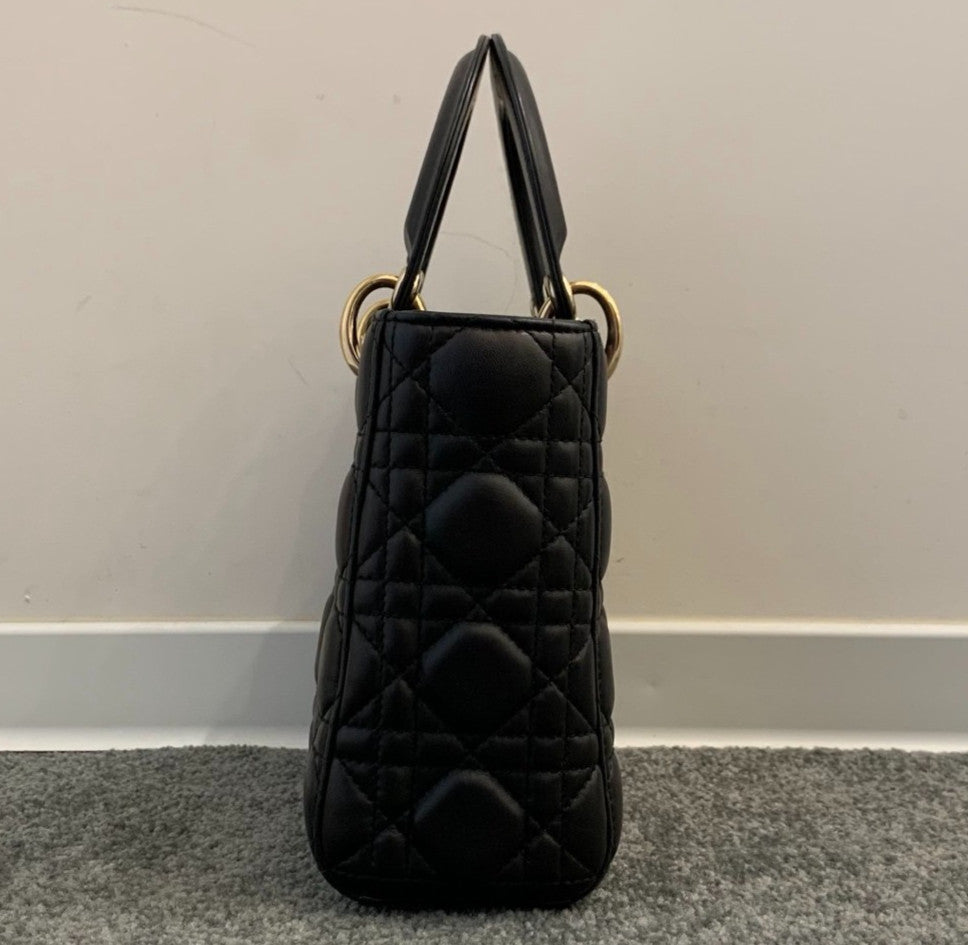 Christian Dior Lady Dior Lambskin Top Handle Bag Black Gold Used Women Classic