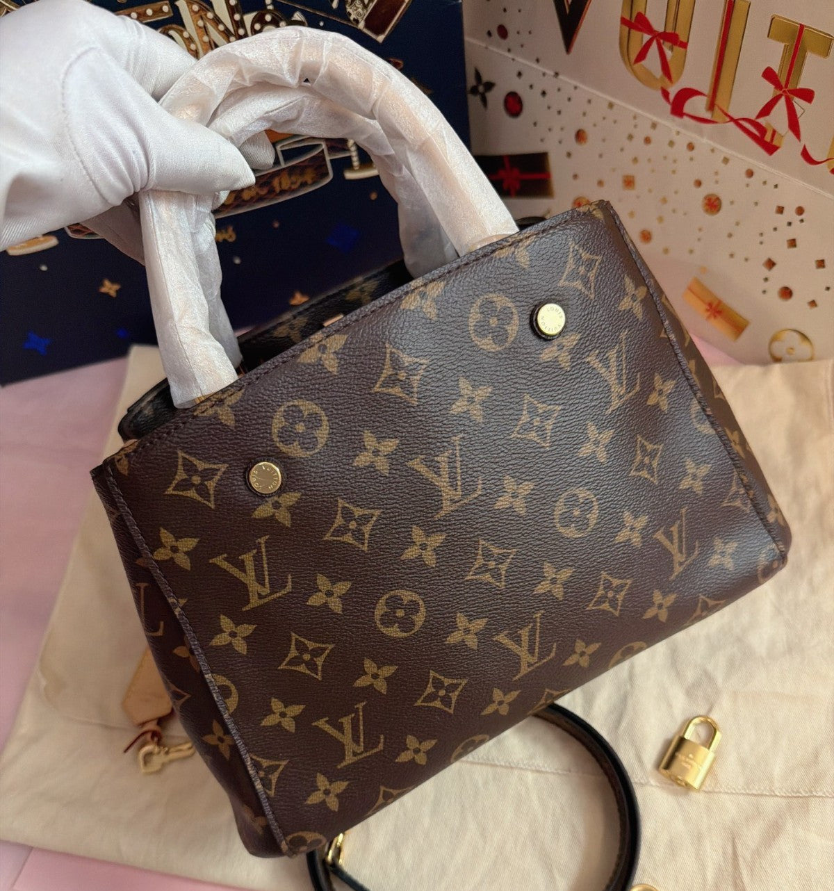 Louis Vuitton Montaigne BB Monogram Top Handle Crossbody Brown Women Classic