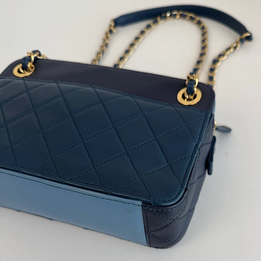 Chanel Diamond Camera Bag Double Chain Blue Shoulder Bag Gold Hardware