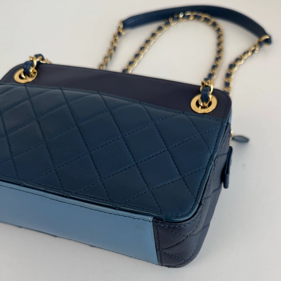 Chanel Diamond Camera Bag Double Chain Blue Shoulder Bag Gold Hardware