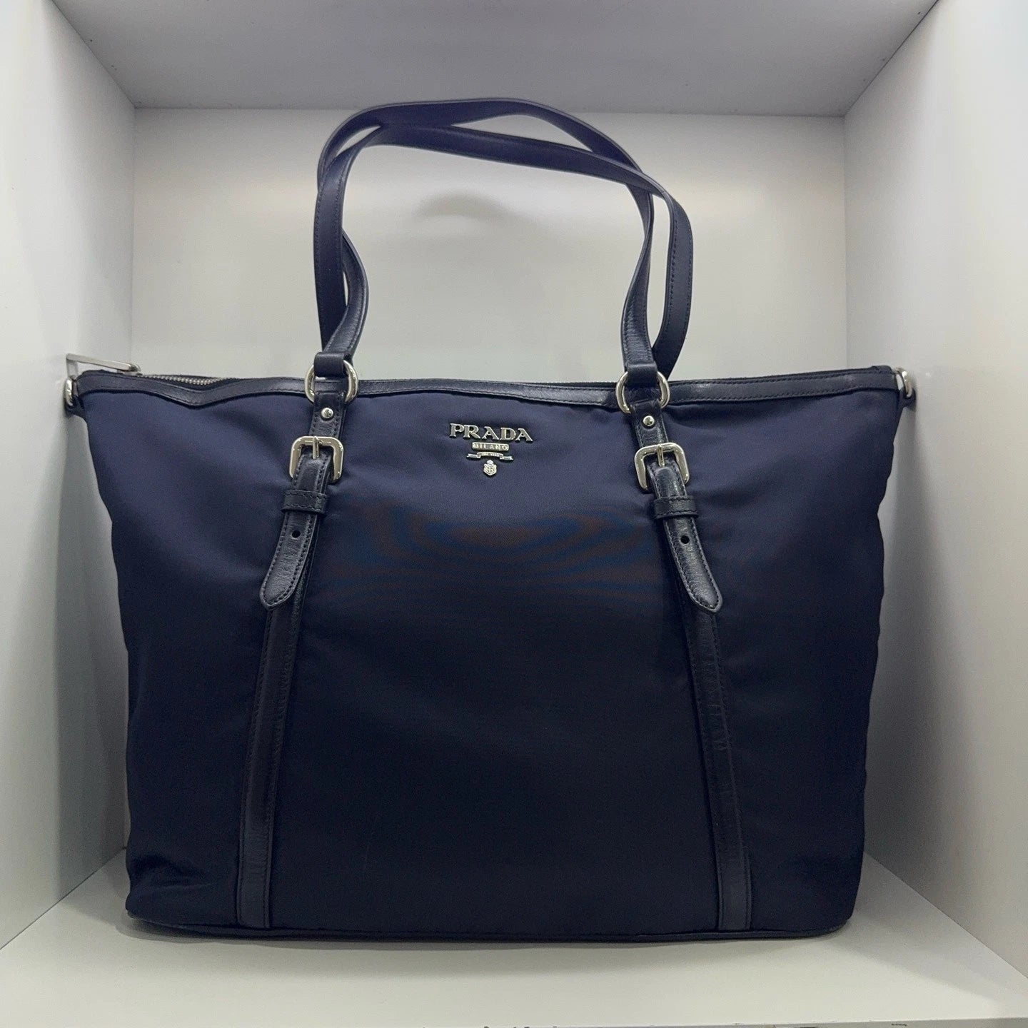PRADA Navy Nylon Leather Tote Handbag Shoulder Bag For Women