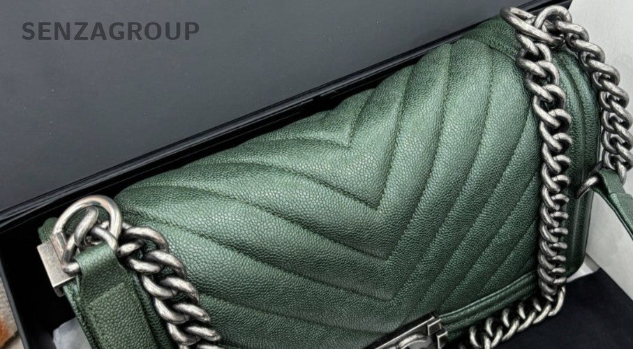 Chanel Leboy MM Calfskin Chain Shoulder Bag Green Silver Used Women Classic