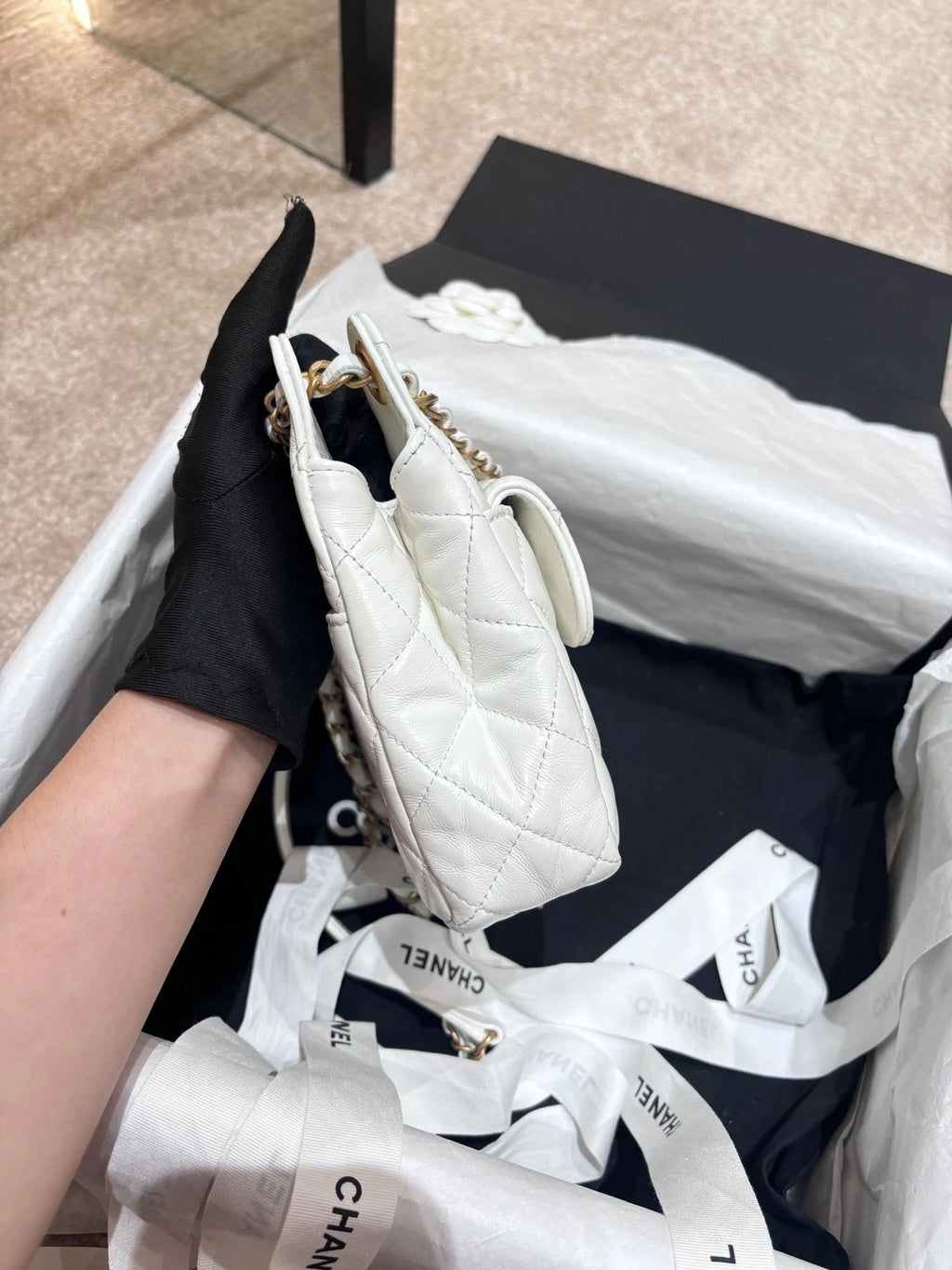 CHANEL White Oil Wax Leather Small Handbag For Women