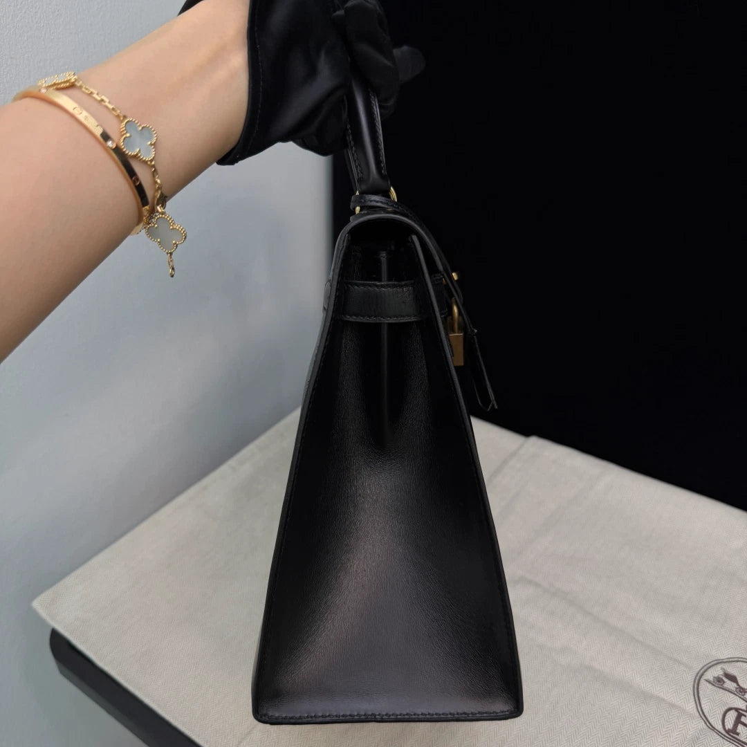 Authentic Hermes Kelly28 Box Tote Black Handbag Gold Hardware