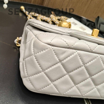 Chanel Classic Flap Quilted Chain Shoulder Bag Grey Gold