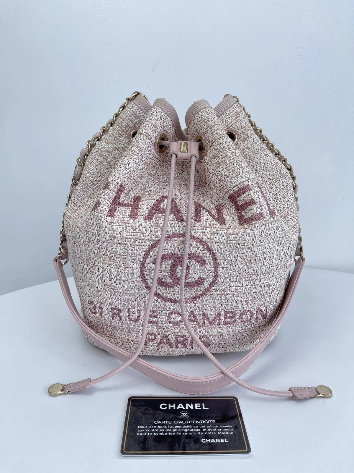 CHANEL Deauville Beach Bag Pink Drawstring Bucket Chain Shoulder Bag Crossbody