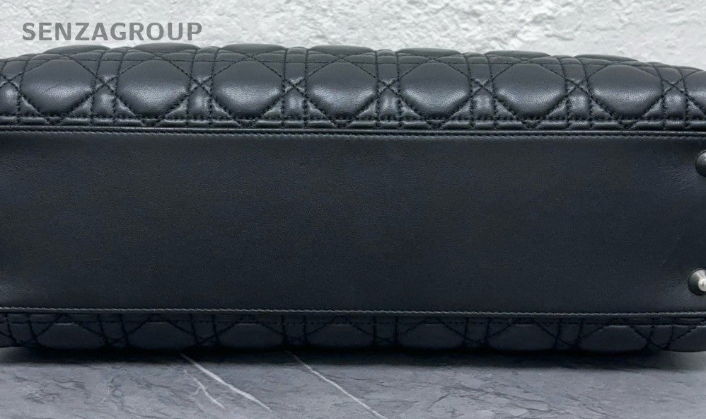 Dior Lady Lambskin Leather Chain Tote Shoulder Bag Black Silver Women Classic