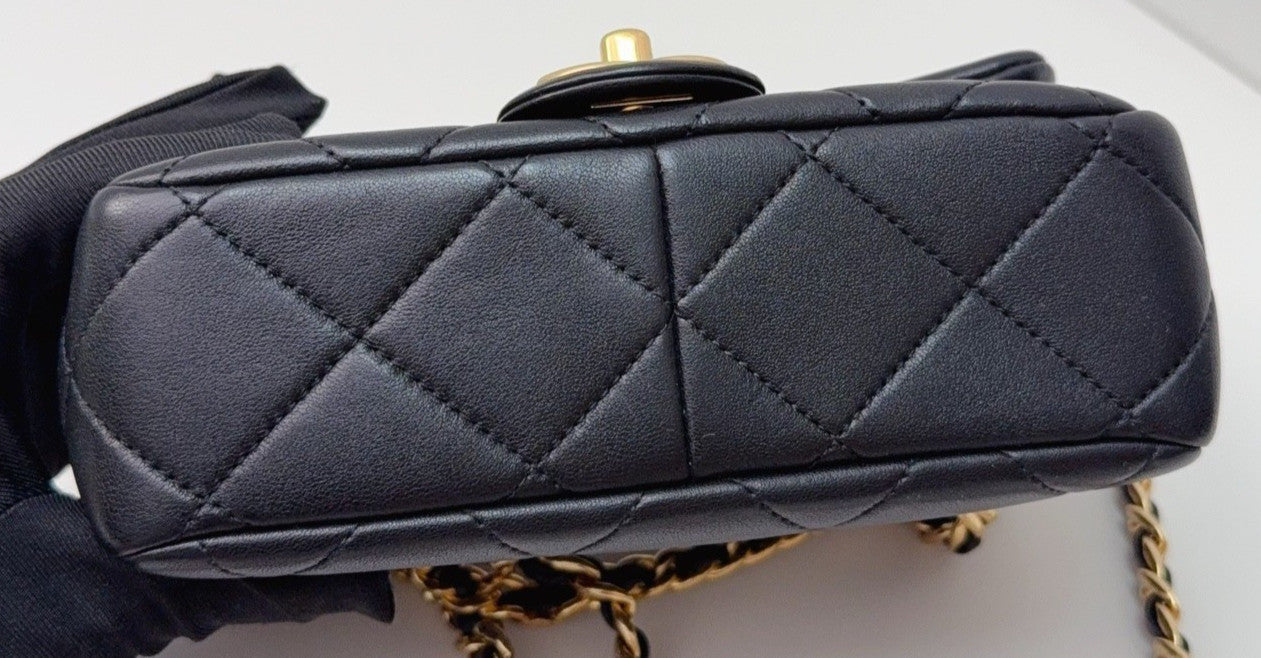 Chanel PM Chain Shoulder Bag Crossbody Black Gold Diamond Women Classic