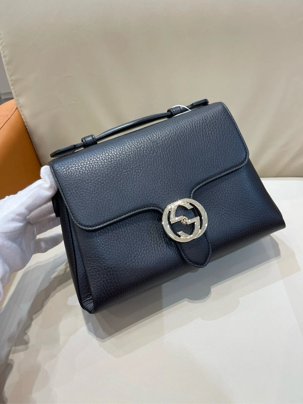 GUCCI Interlocking Black Calfskin Small Accordion Bag For Women