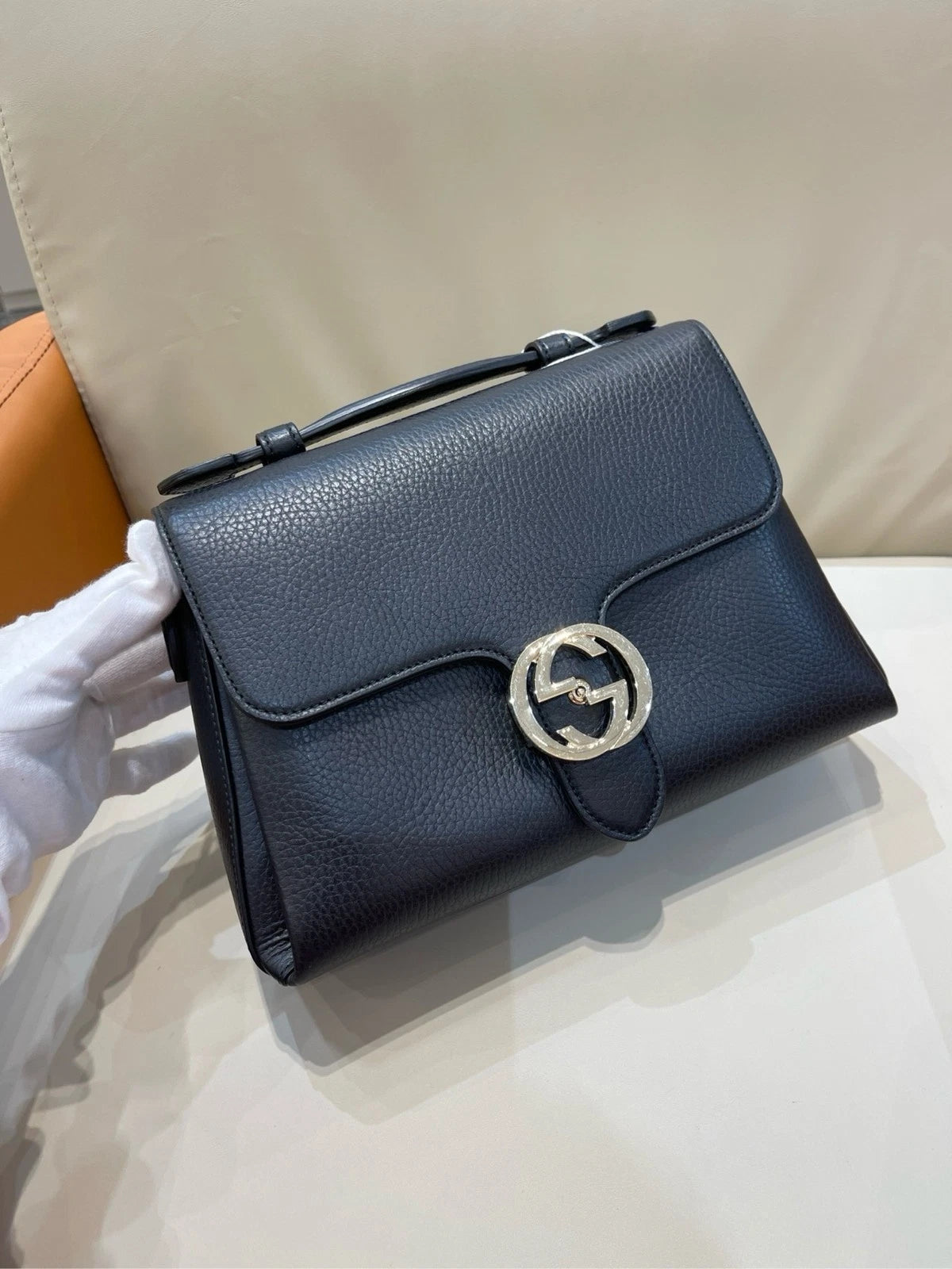 GUCCI Interlocking Black Calfskin Small Accordion Bag For Women