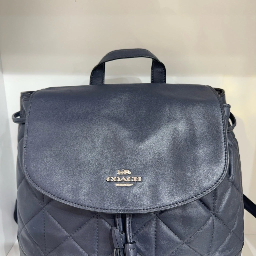 COACH Elle 25 Diamond Quilted Fabric Leather Flap Backpack Women Navy