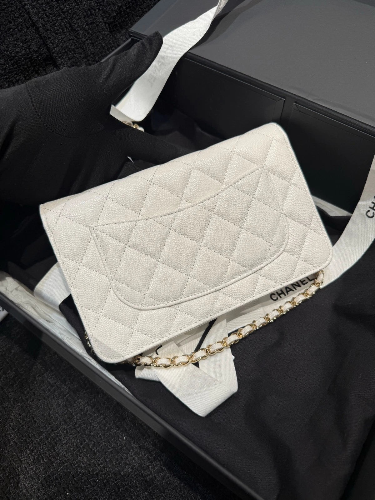 CHANEL Quilted White Leather WOC Gold Hardware Crossbody Bag For Women