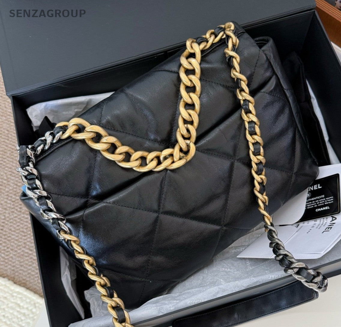 Chanel 19Bag MM Chain Shoulder Bag Crossbody Black Gold Women Classic Fashion