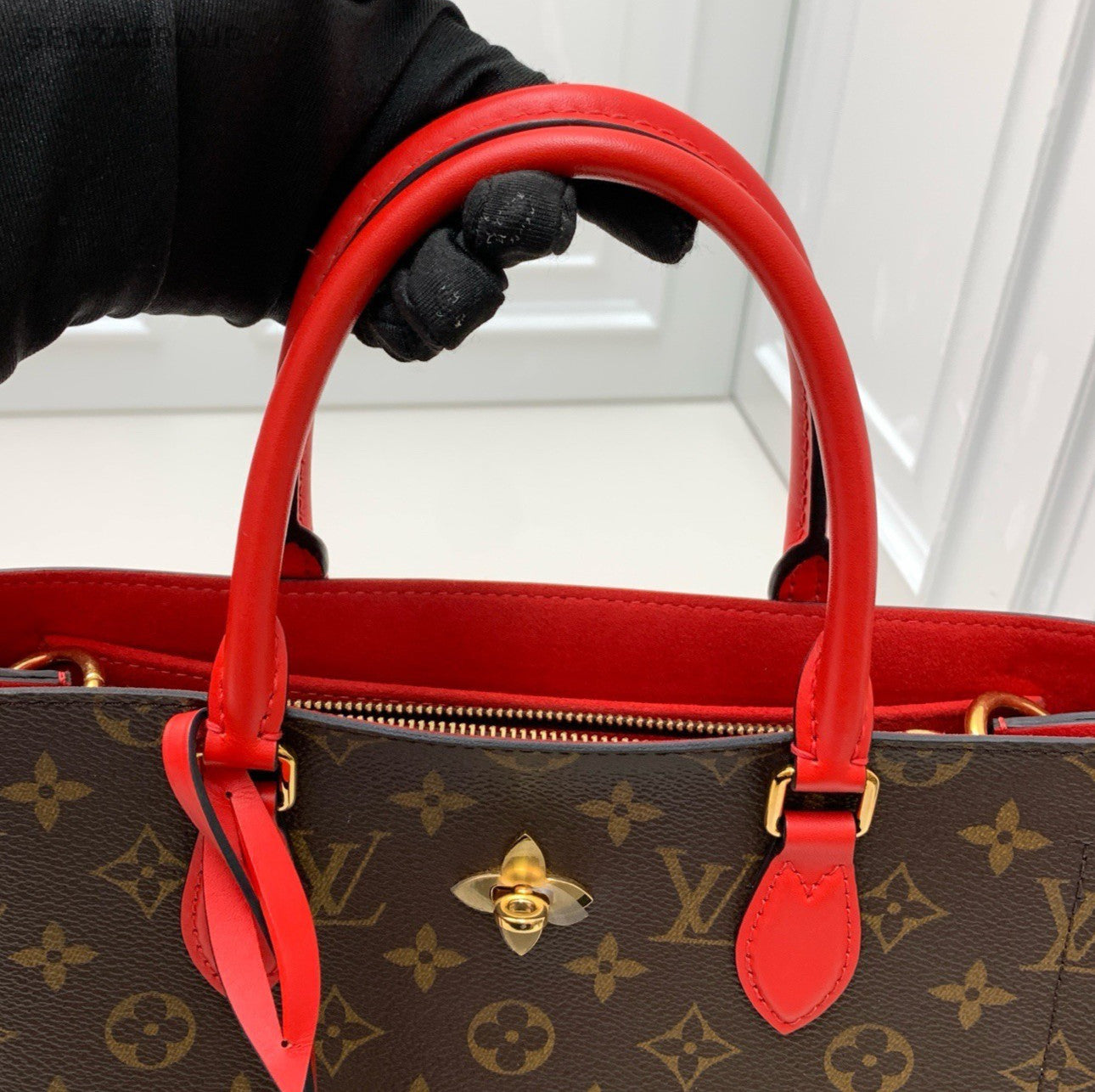 Louis Vuitton Flower Tote Monogram Handbag Shoulder Bag Brown Red Women Classic