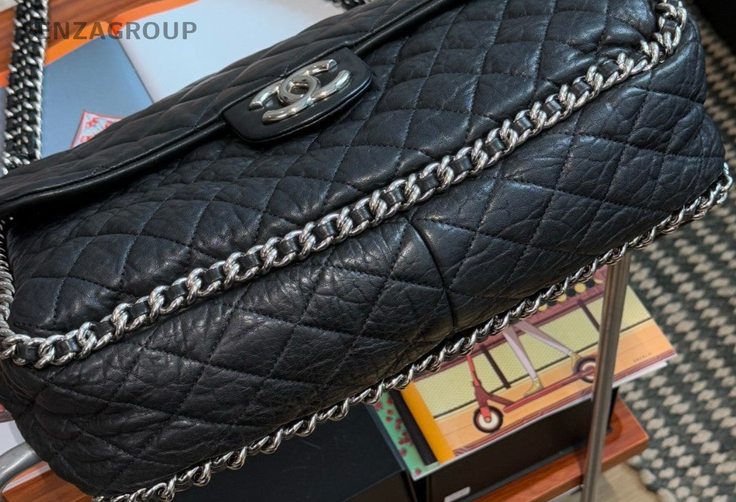 Chanel Calfskin Chain Shoulder Bag Black Silver Diamond Used Women Classic