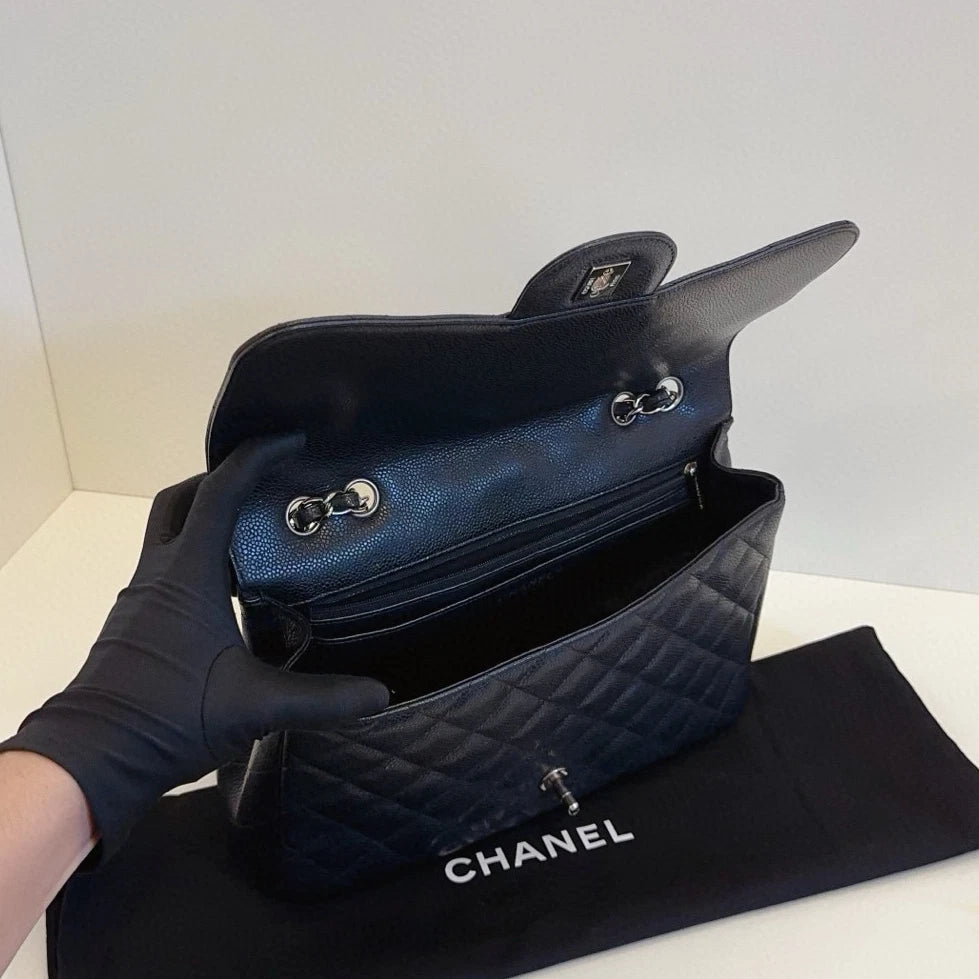 Chanel Classic Flap Jumbo Chain Shoulder Bag Crossbody Black Silver Women