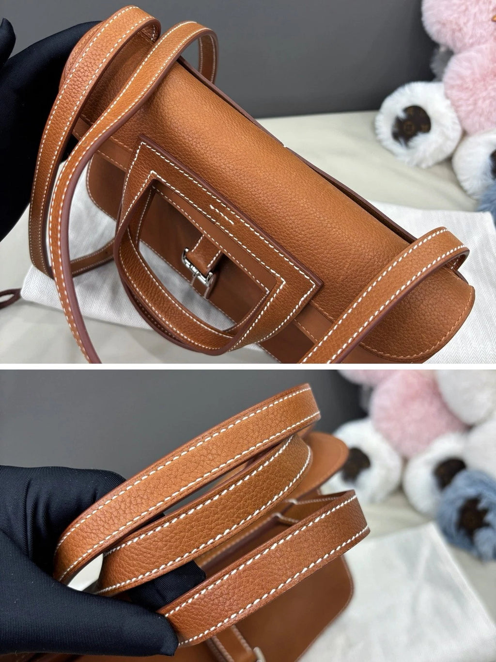 Hermes Halzan25 Top Handle Bag Crossbody Brown Silver Women Classic