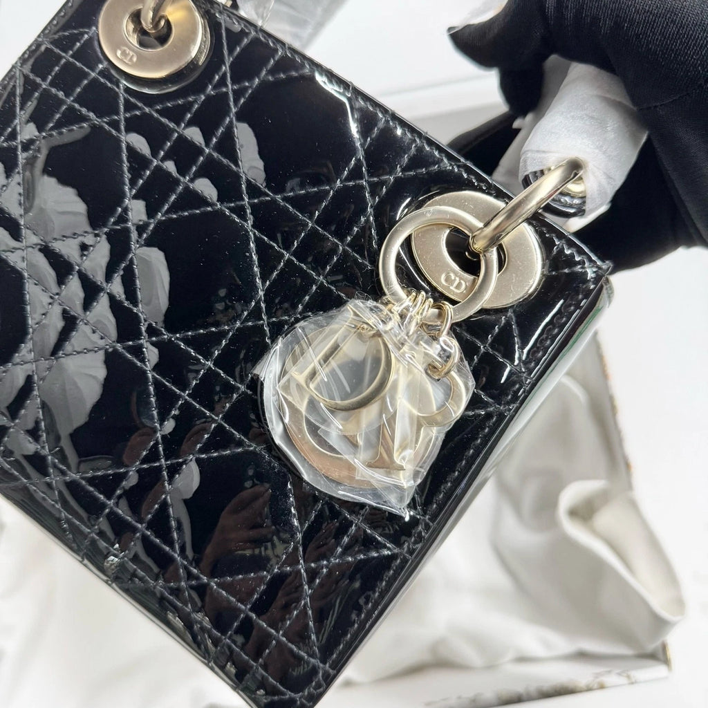 New Dior 3-grid Lady Dior Patent Leather Black Gold Handbag For Women