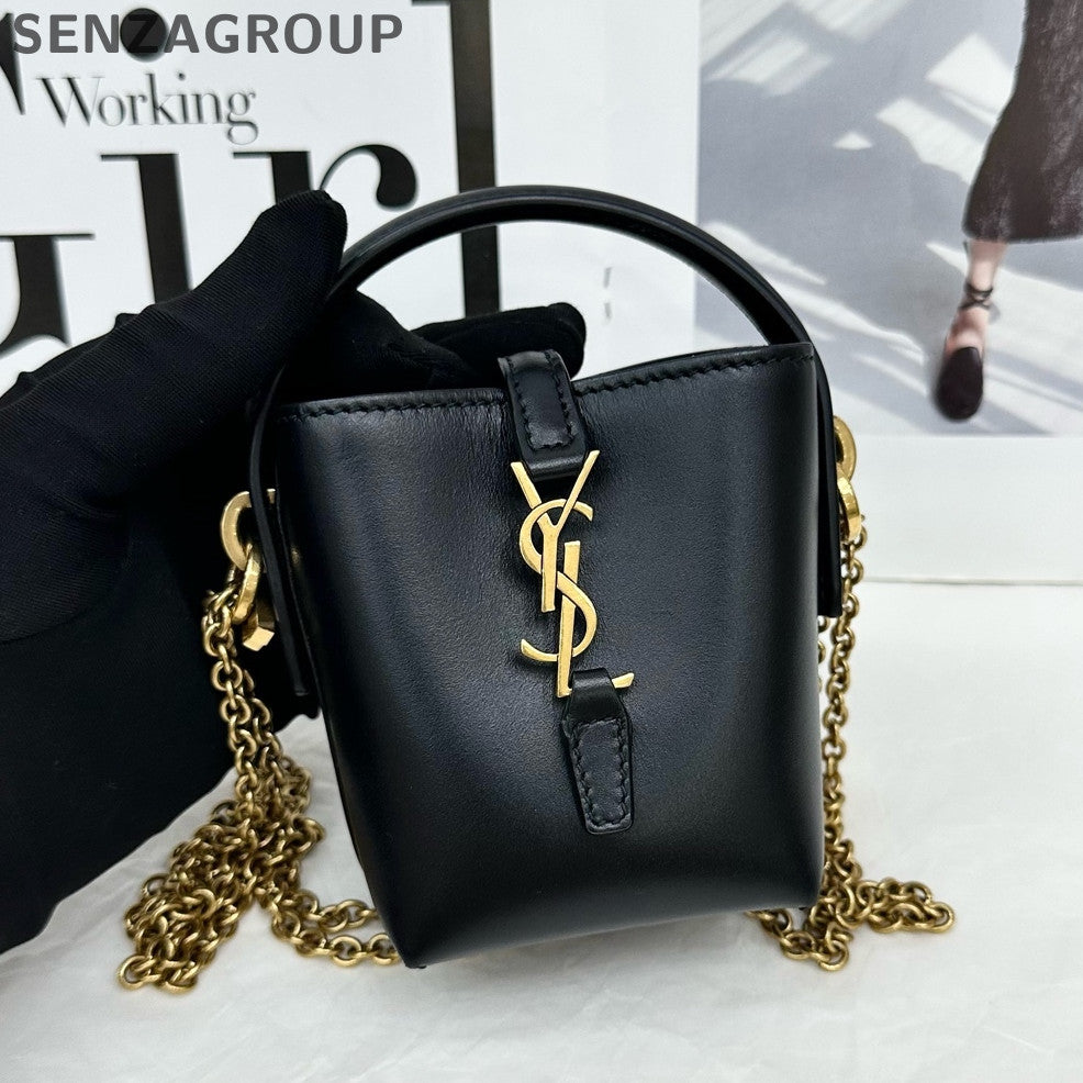 Saint Laurent Black Gold Mini Bucket Bag Chain Strap Classic Women's