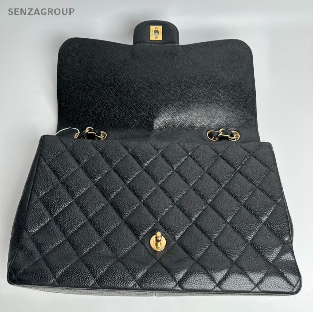 Chanel Classic Flap GM Chain Shoulder Bag Crossbody Black Gold Women Fashion