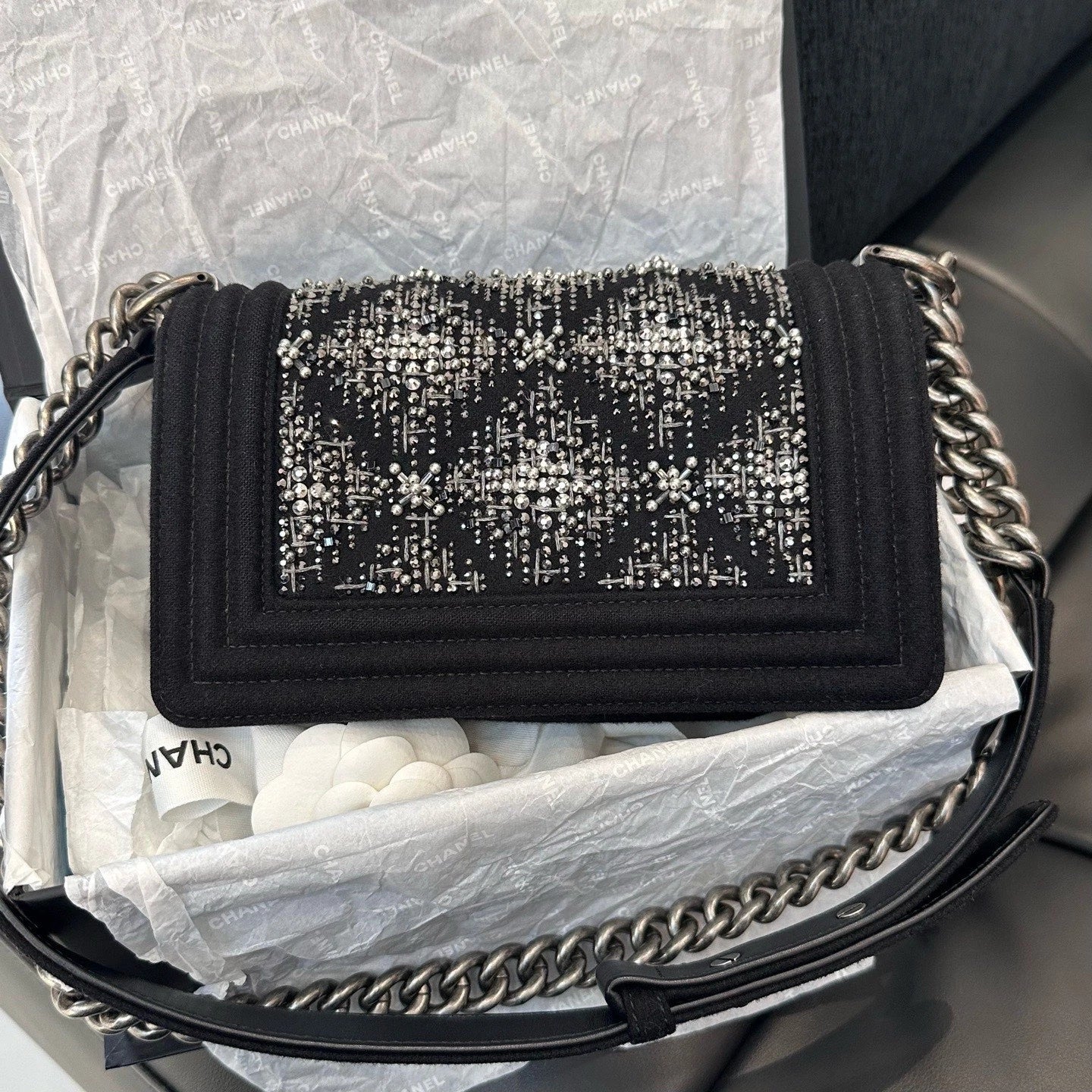 Chanel Leboy PM Chain Shoulder Crossbody Black Silver Women Classic