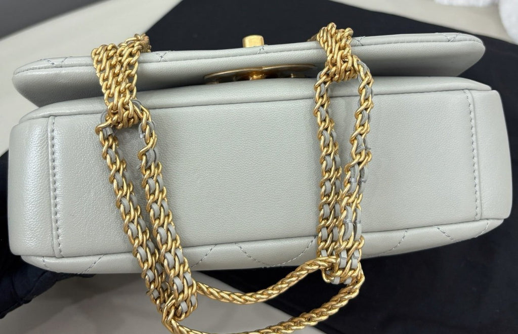 Chanel Diamond Double Chain Shoulder Bag Gray Gold Women Classic Fashion