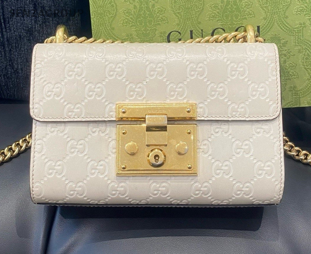 Gucci  Padlock Chain Shoulder Bag Crossbody White Gold Women Classic Fashion