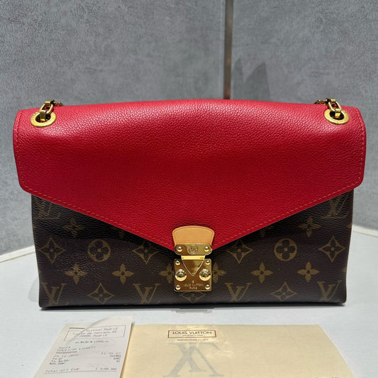 Louis Vuitton Pallas Chain Shoulder Bag Monogram Brown Red Gold Clasp