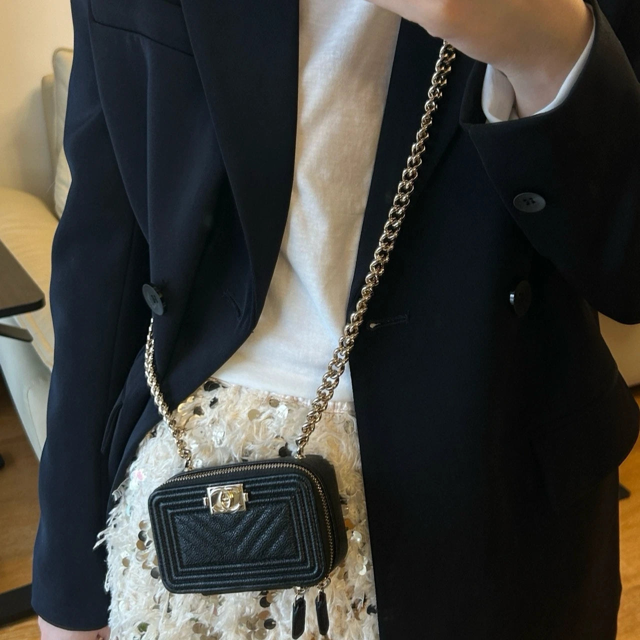 Chanel Mini Leboy Black Gold Leather Shoulder Crossbody Bag Women