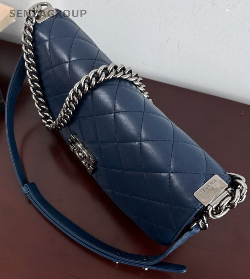 CHANEL Leboy Calfskin Chain Shoulder bag Crossbody Women Blue Silver